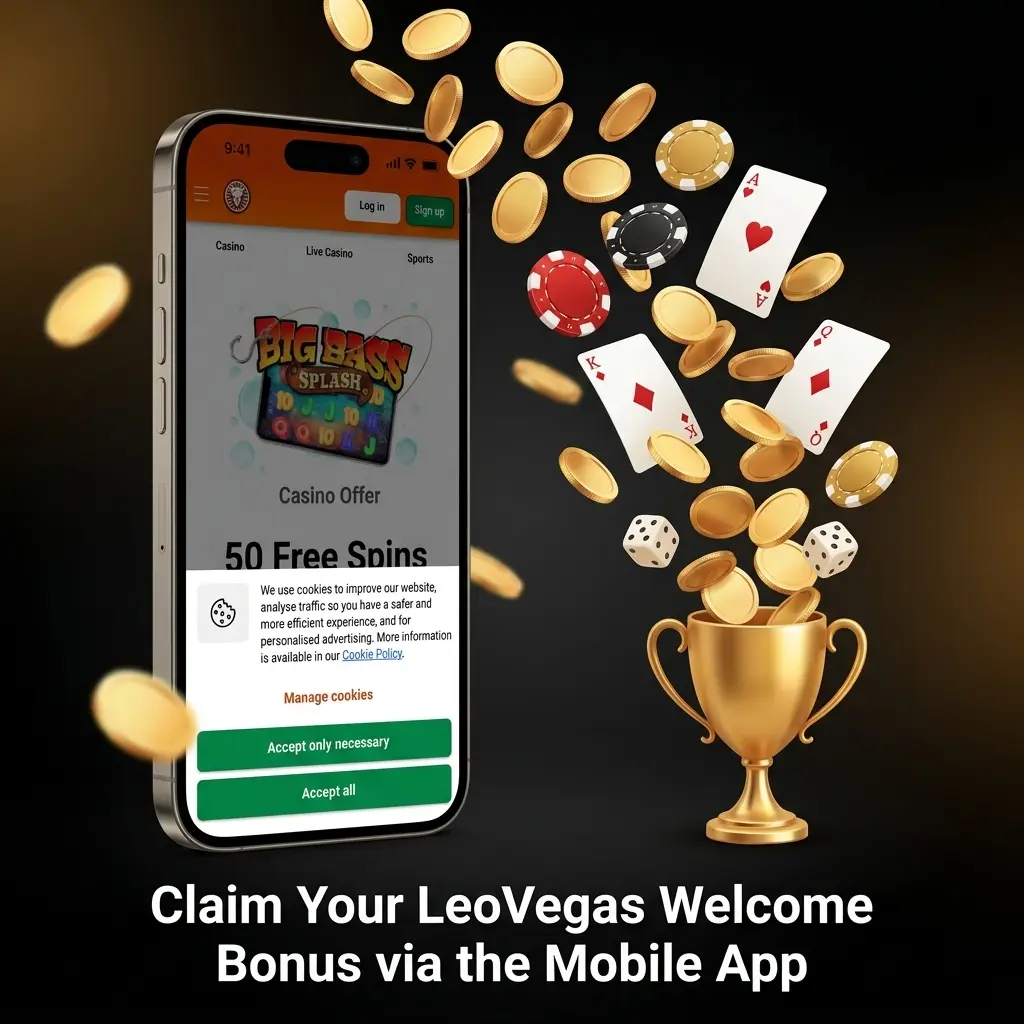 LeoVegas mobile app welcome bonus claim steps on iOS and Android with £10 deposit for 100% match up to £100